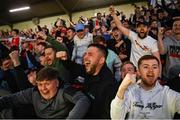16 May 2025; St Patrick's Athletic supporters celebrate at  the final whistle following their side's victory in the SSE Airtricity Men's Premier Division match between St Patrick's Athletic and Cork City at Richmond Park in Dublin. Photo by Sam Barnes/Sportsfile