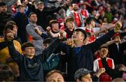 16 May 2025; St Patrick's Athletic supporters celebrate at  the final whistle following their side's victory in the SSE Airtricity Men's Premier Division match between St Patrick's Athletic and Cork City at Richmond Park in Dublin. Photo by Sam Barnes/Sportsfile