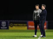 16 May 2025; Shamrock Rovers manager Stephen Bradley with Waterford assistant manager Danny Ventre after the SSE Airtricity Men's Premier Division match between Waterford and Shamrock Rovers at the Regional Sports Centre in Waterford. Photo by Thomas Flinkow/Sportsfile
