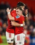 16 May 2025; Conor Murray, left, and Craig Casey of Munster celebrate at the final whistle of the United Rugby Championship match between Munster and Benetton at Virgin Media Park in Cork. Photo by Brendan Moran/Sportsfile