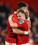 16 May 2025; Conor Murray, left, and Craig Casey of Munster celebrate at the final whistle of the United Rugby Championship match between Munster and Benetton at Virgin Media Park in Cork. Photo by Brendan Moran/Sportsfile