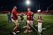 16 May 2025; Munster captain Tadhg Beirne, left, and teammate Peter O'Mahony after the United Rugby Championship match between Munster and Benetton at Virgin Media Park in Cork. Photo by Brendan Moran/Sportsfile