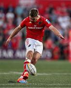 16 May 2025; Jack Crowley of Munster kicks a conversion during the United Rugby Championship match between Munster and Benetton at Virgin Media Park in Cork. Photo by Brendan Moran/Sportsfile