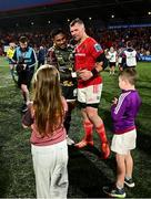 16 May 2025; Malakai Fekitoa of Benetton Treviso, left, and Peter O'Mahony of Munster after the United Rugby Championship match between Munster and Benetton at Virgin Media Park in Cork. Photo by Brendan Moran/Sportsfile