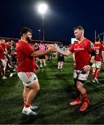 16 May 2025; Michael Milne, left, and Peter O'Mahony of Munster after the United Rugby Championship match between Munster and Benetton at Virgin Media Park in Cork. Photo by Brendan Moran/Sportsfile