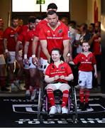 16 May 2025; Munster captain Tadhg Beirne leads his side onto the pitch before the United Rugby Championship match between Munster and Benetton at Virgin Media Park in Cork. Photo by Brendan Moran/Sportsfile