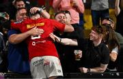 16 May 2025; Peter O'Mahony of Munster is congratulated by friends after the United Rugby Championship match between Munster and Benetton at Virgin Media Park in Cork. Photo by Brendan Moran/Sportsfile