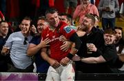 16 May 2025; Peter O'Mahony of Munster is congratulated by friends after the United Rugby Championship match between Munster and Benetton at Virgin Media Park in Cork. Photo by Brendan Moran/Sportsfile