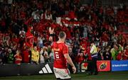16 May 2025; Peter O'Mahony of Munster acknowledges supporters after the United Rugby Championship match between Munster and Benetton at Virgin Media Park in Cork. Photo by Brendan Moran/Sportsfile