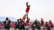 16 May 2025; Tadhg Beirne of Munster takes the ball in a lineout during the United Rugby Championship match between Munster and Benetton at Virgin Media Park in Cork. Photo by Brendan Moran/Sportsfile