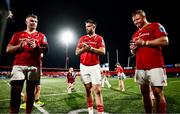 16 May 2025; Munster players, from left, Peter O'Mahony, Conor Murray and Stephen Archer after the United Rugby Championship match between Munster and Benetton at Virgin Media Park in Cork. Photo by Brendan Moran/Sportsfile