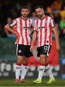 16 May 2025; Michael Duffy, left, and Robbie Benson of Derry City during the SSE Airtricity Men's Premier Division match between Drogheda United and Derry City at Sullivan & Lambe Park in Drogheda, Louth. Photo by Ramsey Cardy/Sportsfile