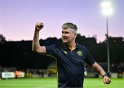 16 May 2025; St Patrick's Athletic manager Stephen Kenny celebrates after his side's victory in the SSE Airtricity Men's Premier Division match between St Patrick's Athletic and Cork City at Richmond Park in Dublin. Photo by Sam Barnes/Sportsfile