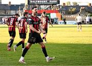16 May 2025; Jordan Flores of Bohemians celebrates his side's first goal during the SSE Airtricity Men's Premier Division match between Bohemians and Shelbourne at Dalymount Park in Dublin. Photo by Seb Daly/Sportsfile
