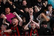 16 May 2025; Bohemians supporters celebrates their side's first goal during the SSE Airtricity Men's Premier Division match between Bohemians and Shelbourne at Dalymount Park in Dublin. Photo by Seb Daly/Sportsfile