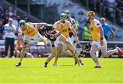 17 May 2025; Kevin Cooney of Galway in action against Stephen Rooney of Antrim during the Leinster GAA Hurling Senior Championship Round 4 match between Galway and Antrim at Pearse Stadium in Galway. Photo by Piaras Ó Mídheach/Sportsfile