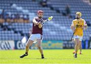 17 May 2025; Tom Monaghan of Galway shoots as Cormac McKeown of Antrim closes in during the Leinster GAA Hurling Senior Championship Round 4 match between Galway and Antrim at Pearse Stadium in Galway. Photo by Piaras Ó Mídheach/Sportsfile