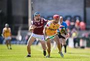 17 May 2025; Eoin O'Neill of Antrim in action against Conor Cooney of Galway during the Leinster GAA Hurling Senior Championship Round 4 match between Galway and Antrim at Pearse Stadium in Galway. Photo by Piaras Ó Mídheach/Sportsfile