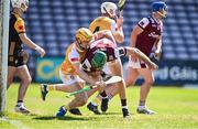 17 May 2025; Niall O’Connor of Antrim and Brian Concannon of Galway tussle off the ball during the Leinster GAA Hurling Senior Championship Round 4 match between Galway and Antrim at Pearse Stadium in Galway. Photo by Piaras Ó Mídheach/Sportsfile