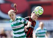 17 May 2025; Fiona Owens of Shamrock Rovers in action against Katie McCarn of Bohemians during the SSE Airtricity Women's Premier Division match between Bohemians and Shamrock Rovers at Dalymount Park in Dublin. Photo by Thomas Flinkow/Sportsfile