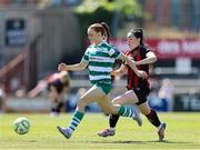 17 May 2025; Fiona Owens of Shamrock Rovers in action against Katie McCarn of Bohemians during the SSE Airtricity Women's Premier Division match between Bohemians and Shamrock Rovers at Dalymount Park in Dublin. Photo by Thomas Flinkow/Sportsfile