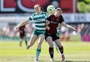 17 May 2025; Fiona Owens of Shamrock Rovers in action against Katie McCarn of Bohemians during the SSE Airtricity Women's Premier Division match between Bohemians and Shamrock Rovers at Dalymount Park in Dublin. Photo by Thomas Flinkow/Sportsfile