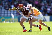 17 May 2025; Conor Whelan of Galway in action against Paddy Burke of Antrim during the Leinster GAA Hurling Senior Championship Round 4 match between Galway and Antrim at Pearse Stadium in Galway. Photo by Piaras Ó Mídheach/Sportsfile