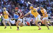17 May 2025; Conor Whelan of Galway gets away from Conor Boyd of Antrim, 6, during the Leinster GAA Hurling Senior Championship Round 4 match between Galway and Antrim at Pearse Stadium in Galway. Photo by Piaras Ó Mídheach/Sportsfile