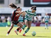 17 May 2025; Maria Reynolds of Shamrock Rovers in action against Hannah O'Brien of Bohemians during the SSE Airtricity Women's Premier Division match between Bohemians and Shamrock Rovers at Dalymount Park in Dublin. Photo by Thomas Flinkow/Sportsfile