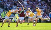 17 May 2025; Conor Whelan of Galway in action against Antrim players Conall Bohill, left, and Conor Boyd during the Leinster GAA Hurling Senior Championship Round 4 match between Galway and Antrim at Pearse Stadium in Galway. Photo by Piaras Ó Mídheach/Sportsfile