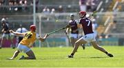 17 May 2025; TJ Brennan of Galway in action against Eoin O'Neill of Antrim during the Leinster GAA Hurling Senior Championship Round 4 match between Galway and Antrim at Pearse Stadium in Galway. Photo by Piaras Ó Mídheach/Sportsfile