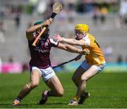 17 May 2025; Fintan Burke of Galway in action against Cormac McKeown of Antrim during the Leinster GAA Hurling Senior Championship Round 4 match between Galway and Antrim at Pearse Stadium in Galway. Photo by John Sheridan/Sportsfile