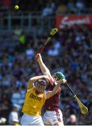 17 May 2025; Eoghan Campbell of Antrim in action against Gavin Lee of Galway during the Leinster GAA Hurling Senior Championship Round 4 match between Galway and Antrim at Pearse Stadium in Galway. Photo by John Sheridan/Sportsfile