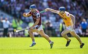 17 May 2025; Anthony Burns of Galway in action against Eoin McFerran of Antrim during the Leinster GAA Hurling Senior Championship Round 4 match between Galway and Antrim at Pearse Stadium in Galway. Photo by Piaras Ó Mídheach/Sportsfile