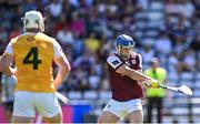 17 May 2025; Anthony Burns of Galway scores his side's second goal during the Leinster GAA Hurling Senior Championship Round 4 match between Galway and Antrim at Pearse Stadium in Galway. Photo by Piaras Ó Mídheach/Sportsfile