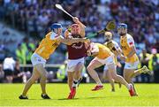 17 May 2025; Conor Whelan of Galway in action against Antrim players Conall Bohill, left, and Conor Boyd during the Leinster GAA Hurling Senior Championship Round 4 match between Galway and Antrim at Pearse Stadium in Galway. Photo by Piaras Ó Mídheach/Sportsfile
