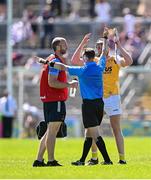 17 May 2025; Declan McCloskey of Antrim is shown the red card by Thomas Gleeson during the Leinster GAA Hurling Senior Championship Round 4 match between Galway and Antrim at Pearse Stadium in Galway. Photo by Piaras Ó Mídheach/Sportsfile