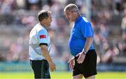 17 May 2025; Antrim manager Davy Fitzgerald in conversation with sideline official Peter Carroll before Fitzgerald was shown the yellow card by Thomas Gleeson during the Leinster GAA Hurling Senior Championship Round 4 match between Galway and Antrim at Pearse Stadium in Galway. Photo by Piaras Ó Mídheach/Sportsfile