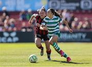 17 May 2025; Ella Kelly of Shamrock Rovers in action against Alannah McEvoy of Bohemians during the SSE Airtricity Women's Premier Division match between Bohemians and Shamrock Rovers at Dalymount Park in Dublin. Photo by Thomas Flinkow/Sportsfile