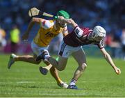17 May 2025; Cathal Mannion of Galway in action against Conall Bohill of Antrim during the Leinster GAA Hurling Senior Championship Round 4 match between Galway and Antrim at Pearse Stadium in Galway. Photo by John Sheridan/Sportsfile