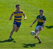 17 May 2025; Tom O'Sullivan of Kerry in action against Daire Cregg of Roscommon during the GAA Football All-Ireland Senior Championship Round 1 match between Kerry and Roscommon at Fitzgerald Stadium in Killarney, Kerry. Photo by Brendan Moran/Sportsfile