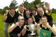 17 September 2004; Member of the victorious Lucan Golf Club, back row, l to r, Martin O'Toole, Mark Clifford, John Kelly, Michael Downes, Ollie Tutty, front row, l to r, Christy Fitzgerald, Alan Madden and Emmet Condron celebrate winning the Bulmers Junior Cup after victory over Portstewart. Shannon Golf Club, Shannon, Co. Clare. Picture credit; Ray McManus / SPORTSFILE