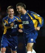 17 September 2004; Sean Dillon, right, Longford Town, celebrates after scoring his sides first goal with team-mate Dessie Baker. eircom league, Premier Division, Drogheda United v Longford Town, United Park, Drogheda. Picture credit; David Maher / SPORTSFILE