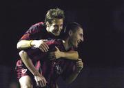 17 September 2004; Colin Hawkins, Bohemians, celebrates with team-mate Kevin Hunt, left, after scoring a goal for his side. eircom league, Premier Division, Bohemians v Cork City, Dalymount Park, Dublin. Picture credit; Brian Lawless / SPORTSFILE