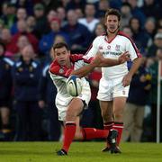11 September 2004; Ulster captain Andy Ward gets the ball away watched by team-mate Paddy Wallace. Celtic League 2004-2005, Ulster v Leinster, Ravenhill Park, Belfast. Picture credit; Brendan Moran / SPORTSFILE