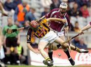 12 September 2004; Shane Prendergast, Kilkenny, in action against Daniel Whyte, Galway. All-Ireland Minor Hurling Championship Final, Galway v Kilkenny, Croke Park, Dublin. Picture credit; Brendan Moran / SPORTSFILE *** Local Caption *** Any photograph taken by SPORTSFILE during, or in connection with, the 2004 Guinness All-Ireland Hurling Final which displays GAA logos or contains an image or part of an image of any GAA intellectual property, or, which contains images of a GAA player/players in their playing uniforms, may only be used for editorial and non-advertising purposes.  Use of photographs for advertising, as posters or for purchase separately is strictly prohibited unless prior written approval has been obtained from the Gaelic Athletic Association.