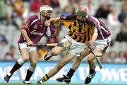 12 September 2004; Shane Prendergast, Kilkenny, in action against Daniel Whyte and Finian Coone, Galway. All-Ireland Minor Hurling Championship Final, Galway v Kilkenny, Croke Park, Dublin. Picture credit; Brendan Moran / SPORTSFILE *** Local Caption *** Any photograph taken by SPORTSFILE during, or in connection with, the 2004 Guinness All-Ireland Hurling Final which displays GAA logos or contains an image or part of an image of any GAA intellectual property, or, which contains images of a GAA player/players in their playing uniforms, may only be used for editorial and non-advertising purposes.  Use of photographs for advertising, as posters or for purchase separately is strictly prohibited unless prior written approval has been obtained from the Gaelic Athletic Association.