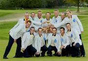 19 September 2004; The European team, back row from left, Miguel Angel Jimenez, Padraig Harrington, Darren Clarke, Bernhard Langer, Colin Montgomerie, Thomas Lavet, Ian Poulter. Front row, from left Lee Westwood, Paul McGinley, Luke Donald, Sergio Garcia, Paul Casey and David Howell, pictured with the Ryder Cup. 35th Ryder Cup Matches, Oakland Hills Country Club, Bloomfield Township, Michigan, USA. Picture credit; Matt Browne / SPORTSFILE