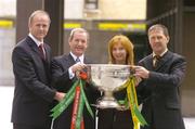 20 September 2004; John Maughan, left, Mayo manager, Des Crowley, Chief Executive, Retail Financial Services, Bank of Ireland, Lisa Browne, Sponsorship Manager, Bank of Ireland and Jack O'Connor, right, Kerry manager, before a press conference in advance of the Bank of Ireland Senior Football Championship Final. Bank of Ireland Head Office, Baggot Street, Dublin. Picture credit; Damien Eagers / SPORTSFILE