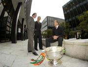 20 September 2004; John Maughan, Mayo manager, right, Michael O'Muircheartaigh and Jack O'Connor, Kerry manager, centre, before a press conference in advance of the Bank of Ireland Senior Football Championship Final. Bank of Ireland Head Office, Baggot Street, Dublin. Picture credit; Damien Eagers / SPORTSFILE